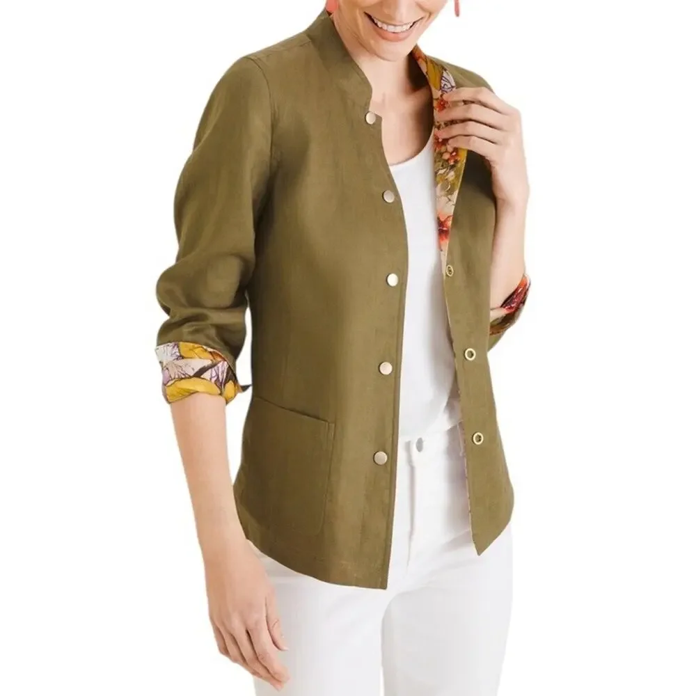 Chico's 100% Linen Jacket Plus Size 20-22‎ Reversible Floral Olive Green Pockets - Picture 2 of 16